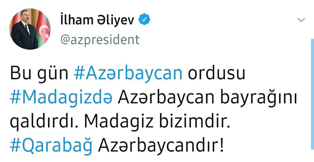 Chronicles of Victory (October 3, 2020): President Ilham Aliyev announces that Azerbaijani Army raised Azerbaijani flag in Madagiz