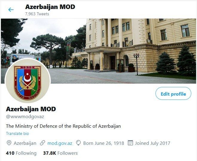 Ermənistan tərəfindən Müdafiə Nazirliyinin adına saxta "Twitter" hesabı açılıb