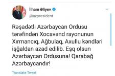 Prezident İlham Əliyev: Azərbaycan Ordusu Xocavənd rayonunun daha üç kəndini işğaldan azad edib