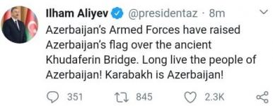 Azerbaijan's armed forces raise Azerbaijan's flag over ancient Khudaferin Bridge - President Aliyev (VIDEO)
