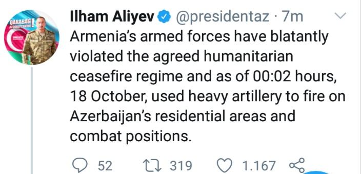 President Ilham Aliyev: Armenian armed forces grossly violated agreed temporary humanitarian ceasefire