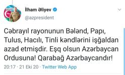 Prezident İlham Əliyev: Cəbrayıl rayonunun daha 5 kəndi işğaldan azad edildi