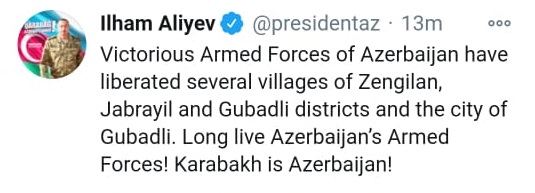 Chronicles of Victory: President Ilham Aliyev announces that Gubadli city is freed from occupation on October 25, 2020