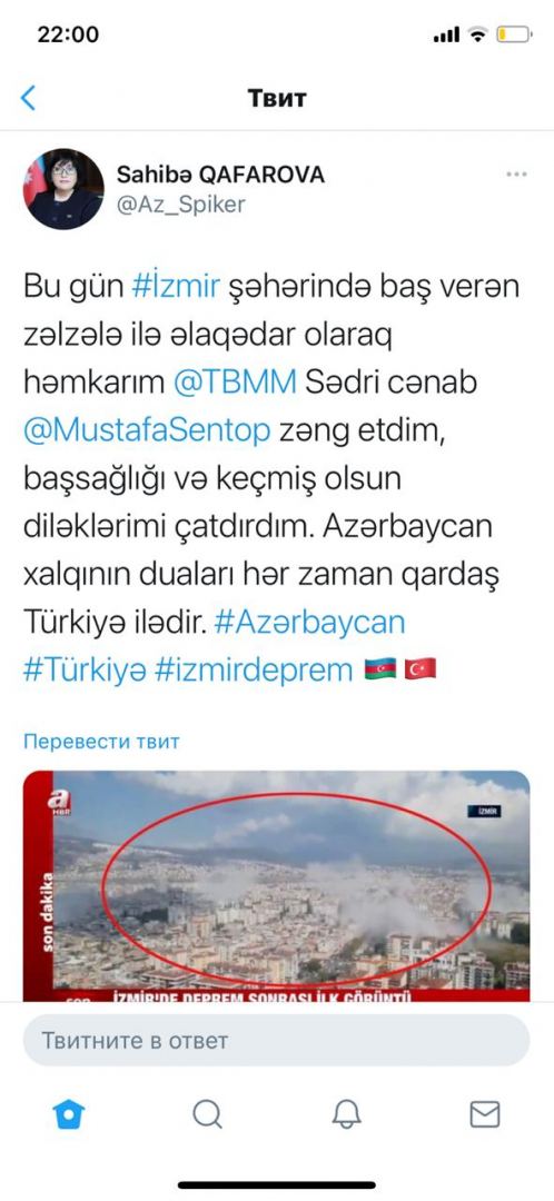 Спикер парламента Азербайджана позвонила турецкому коллеге в связи с землетрясением в Измире (ФОТО)