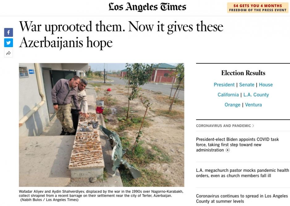 LA Times подготовили материал, где отражены мысли и переживания азербайджанцев-вынужденных переселенцев