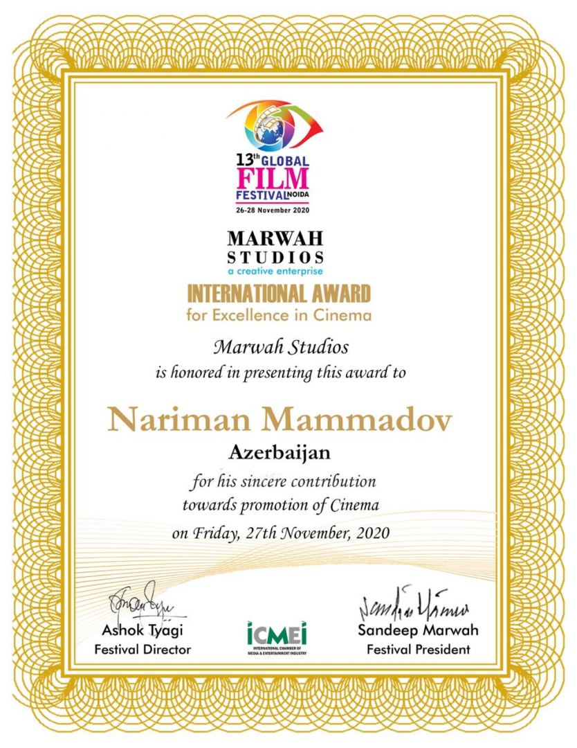Нариман Мамедов удостоен  международной награды Global Film Festival Noida "За вклад в развитие кинематографа"