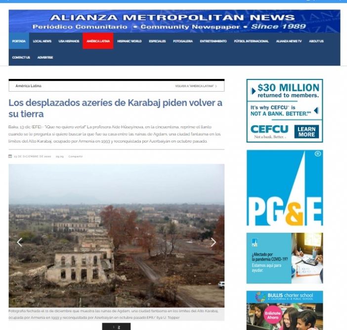 “Alianza Metropolitan News” qəzeti azərbaycanlı köçkünlərin öz doğma yurdlarına qayıtmaq arzularından yazır (FOTO)