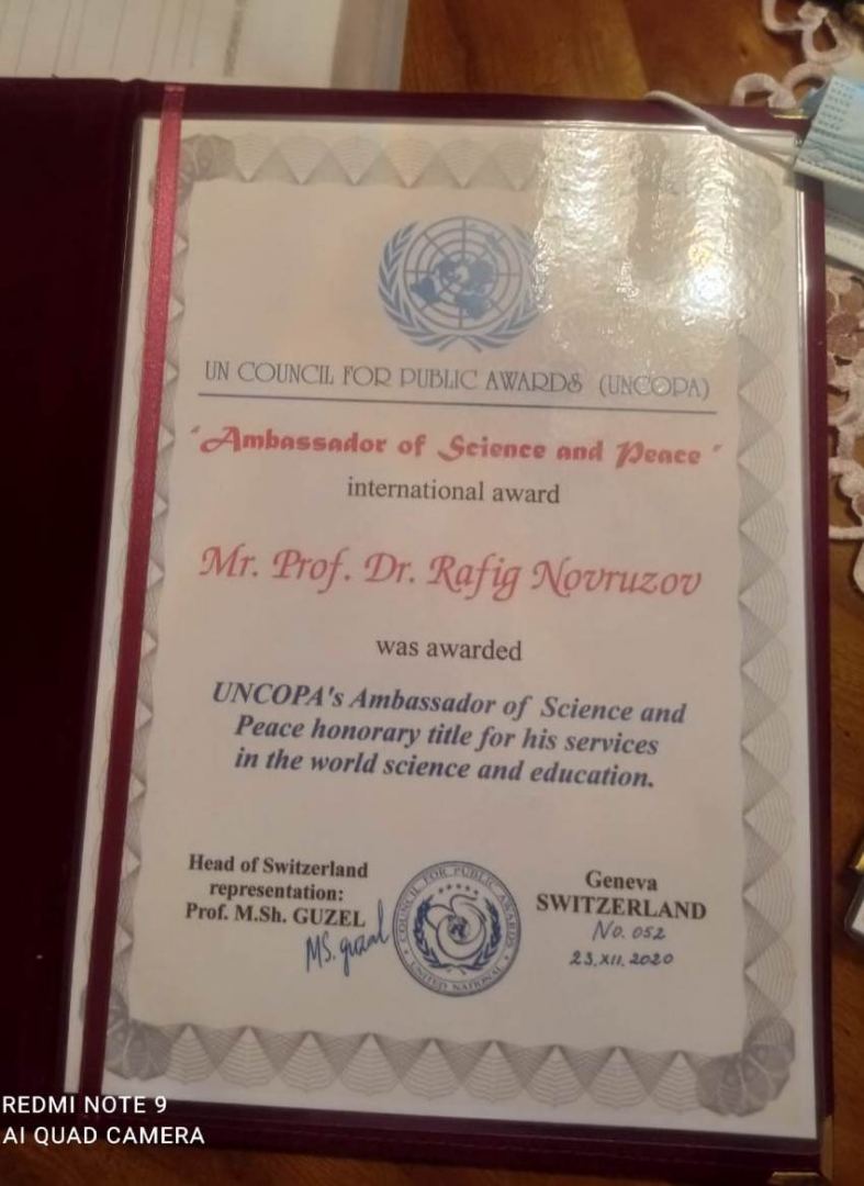 Рафиг Новрузов удостоен Европейским орденом "Чести" и титулом "Посол науки и мира" со стороны ООН (ФОТО)