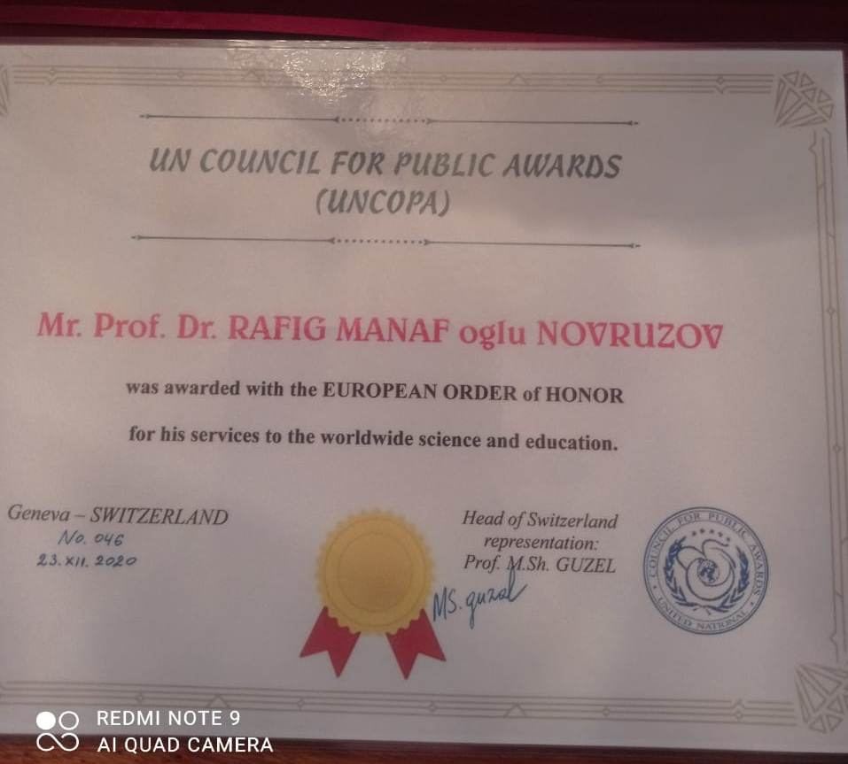Рафиг Новрузов удостоен Европейским орденом "Чести" и титулом "Посол науки и мира" со стороны ООН (ФОТО)