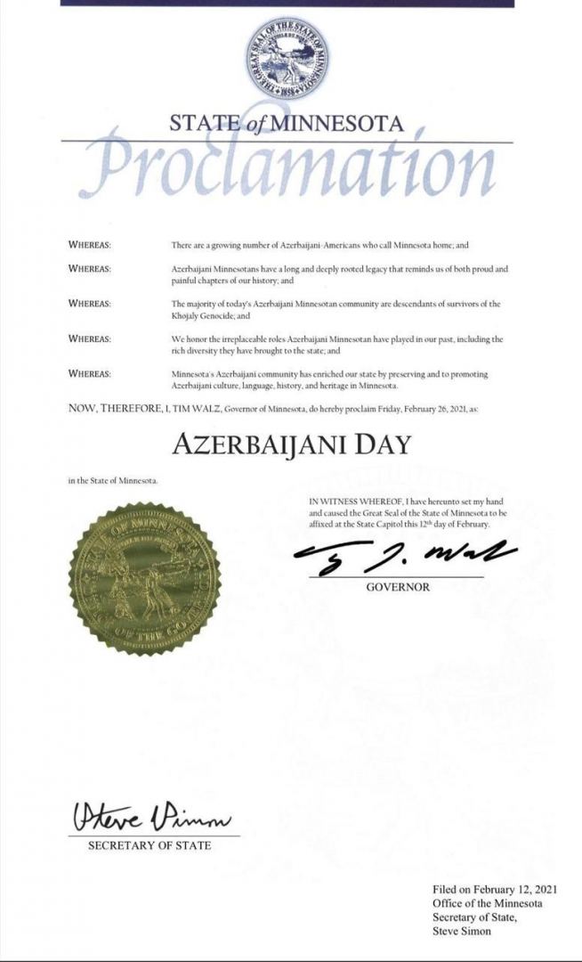 Minnesota proclaims February 26 as Azerbaijani Day