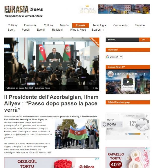 Prezident İlham Əliyevin mətbuat konfransında səsləndirdiyi fikirlər İtaliya mediasının da diqqət mərkəzində olub (FOTO)