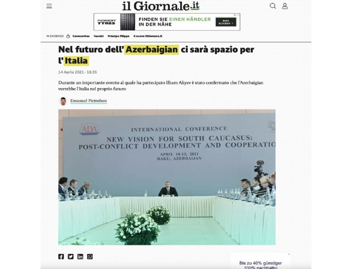 Ведущие итальянские СМИ пишут о выступлении Президента Ильхама Алиева на международной конференции в Баку