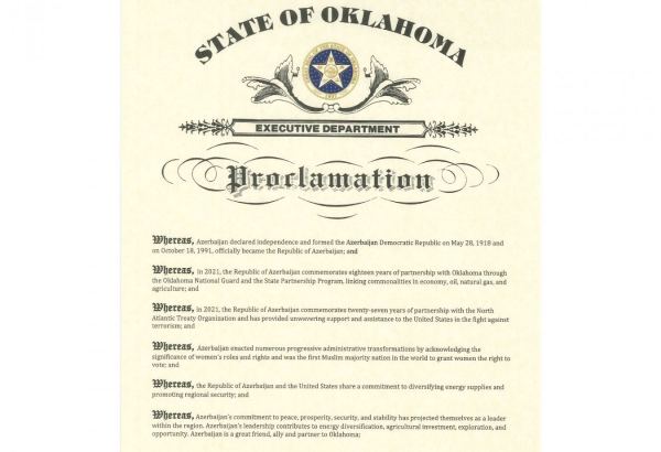 Oklahoma governor signs declaration to mark 103rd anniversary of Azerbaijan Democratic Republic