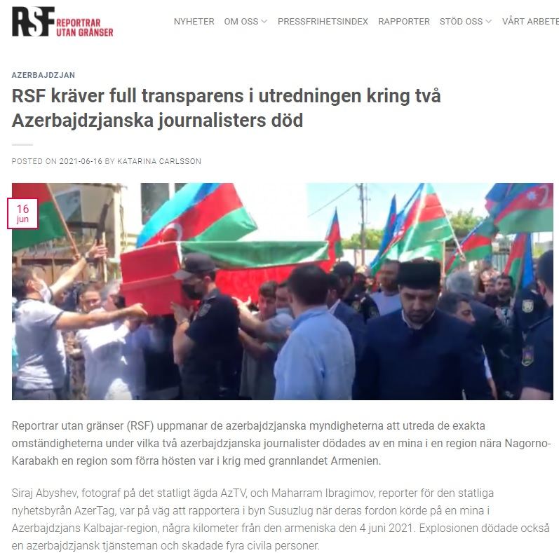 Представительство организации «Репортеры без границ» в Швеции опубликовало статью о гибели азербайджанских журналистов