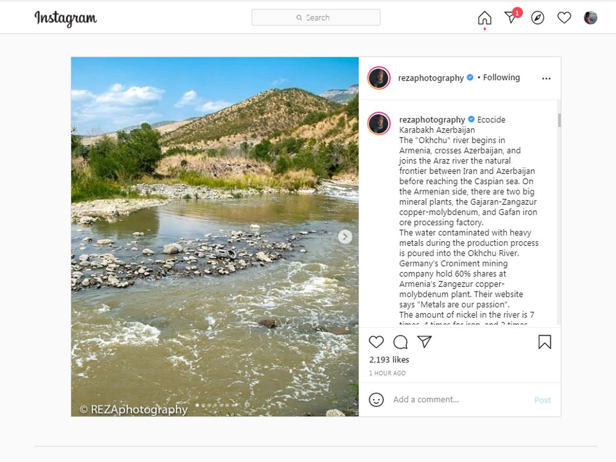 Всемирно известный фотограф Реза Дегати сделал публикацию в соцсети о загрязнении реки Охчучай (ФОТО)