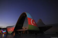 Heydar Aliyev Center in Baku illuminated with colors of National Flag of Azerbaijan (PHOTO)
