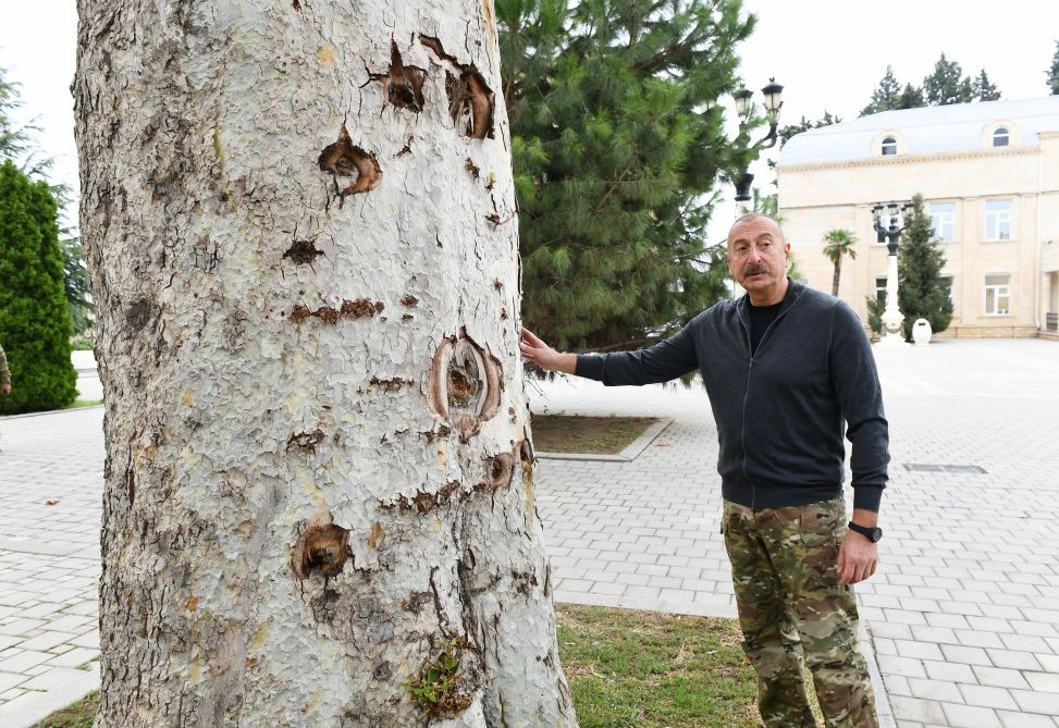 Президент Ильхам Алиев ознакомился в городе Тертер с условиями, созданными в новом доме, построенном вместо дома, разрушенного в результате ракетных атак армянских вооруженных сил