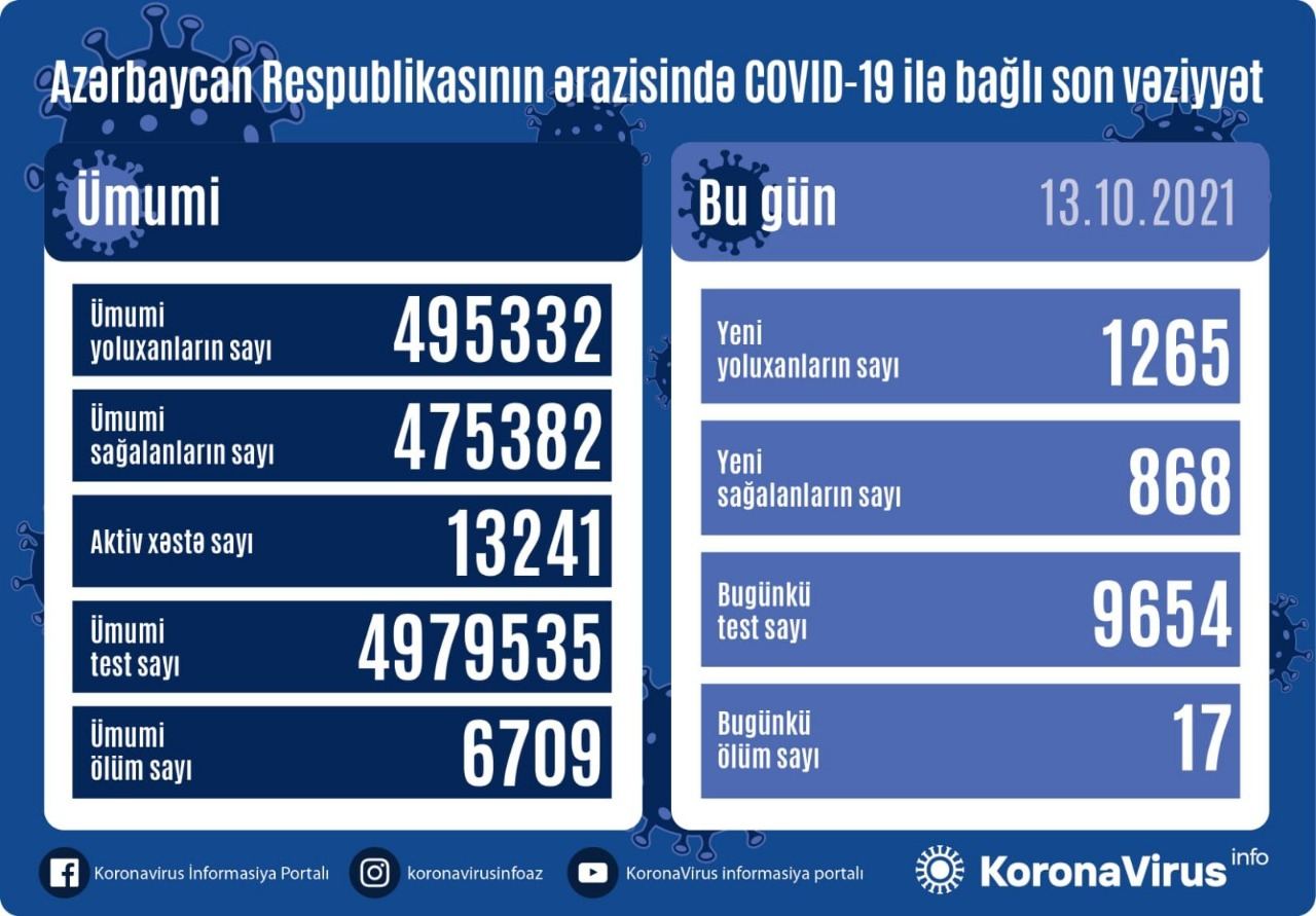 В Азербайджане выявлено еще 1 265 случаев заражения коронавирусом, вылечились 868 человек