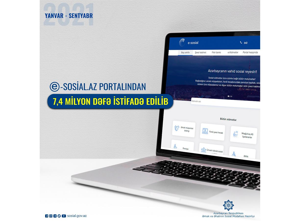 Sosial xidmətlərlə bağlı elektron portaldan 9 ayda 7,4 milyon dəfə istifadə edilib