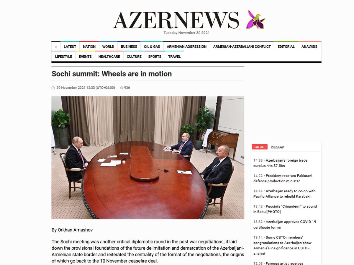 В газете Azernews опубликована аналитическая статья, посвященная итогам сочинской встречи