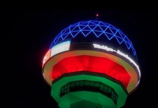 Turkey's Atakule Tower highlighted in colors of Azerbaijani flag