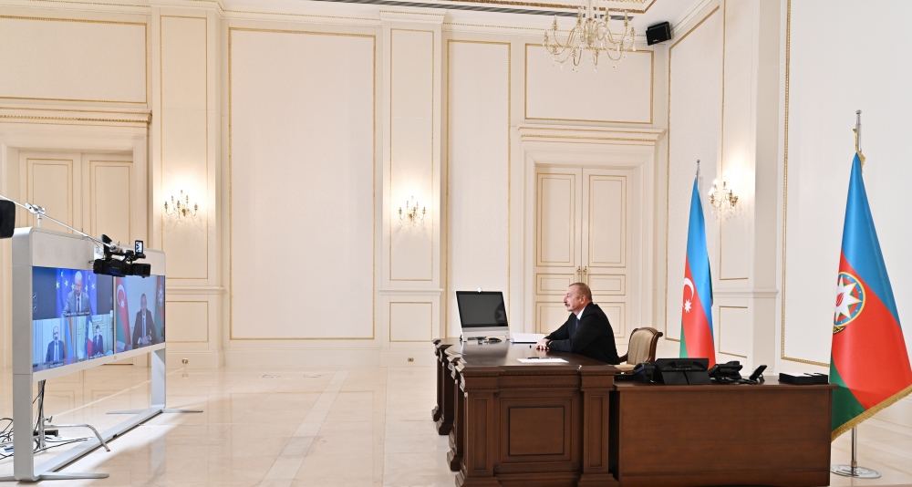 President Ilham Aliyev, President of France, President of European Council and Prime Minister of Armenia hold video conference (PHOTO/VIDEO)
