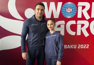 Azerbaijani athletes getting ready to perform at World Championship in Acrobatic Gymnastics