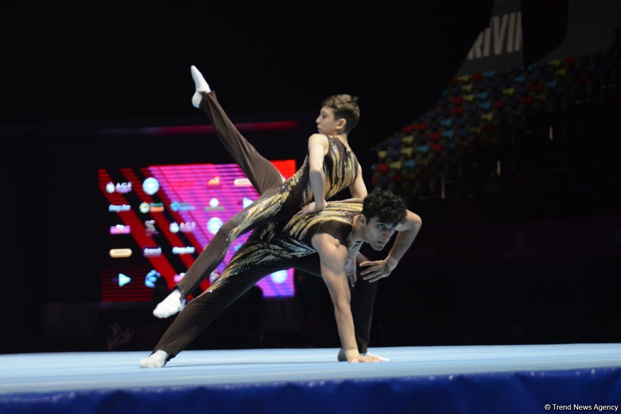 Azerbaijani athletes present balance exercise at 28th FIG Acrobatic Gymnastics World Championships in Baku
