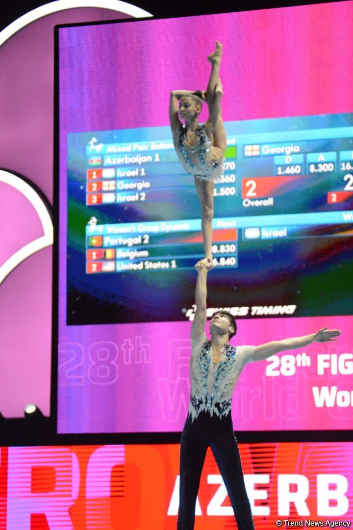 Azerbaijani gymnasts demonstrate balance exercise at World Championships in Baku (PHOTO)