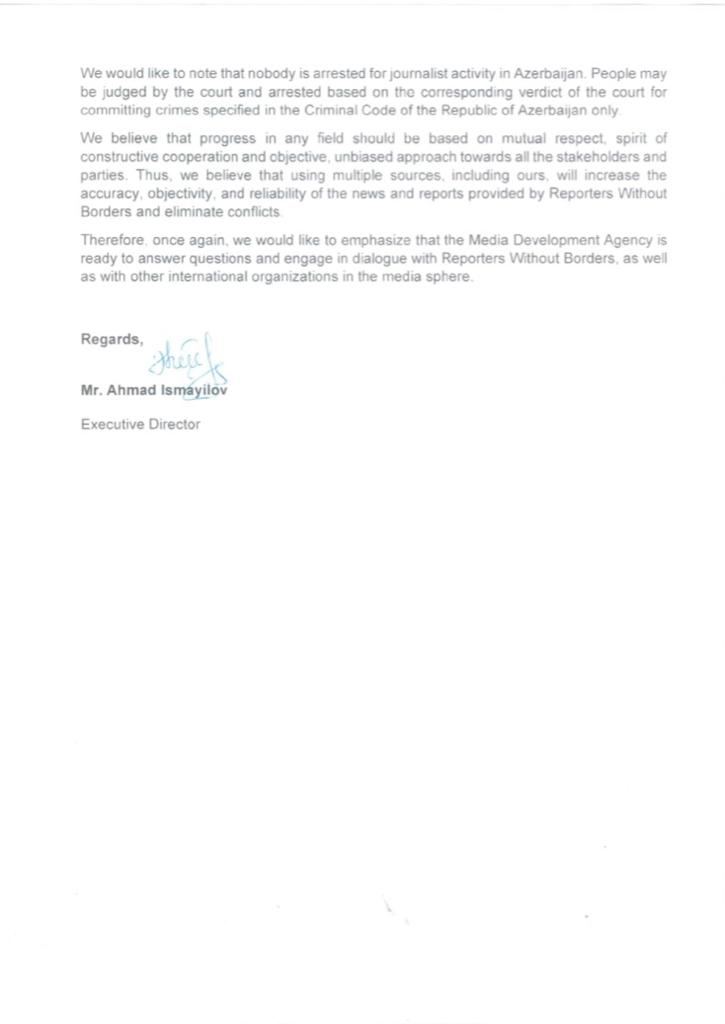 Агентство развития медиа Азербайджана направило письмо в организацию «Репортеры без границ» (ФОТО)