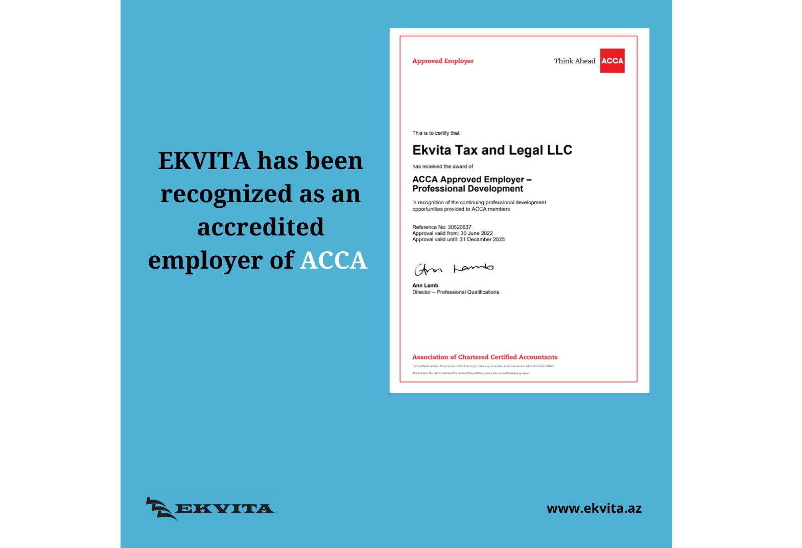EKVITA is now recognized as Accredited Employer of ACCA