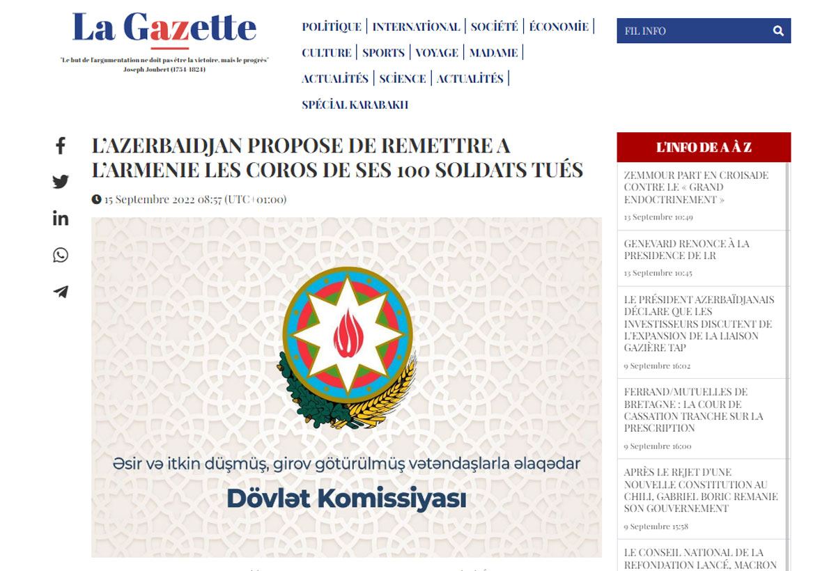 Французская пресса написала о готовности Азербайджана передать тела около 100 армянских военнослужащих