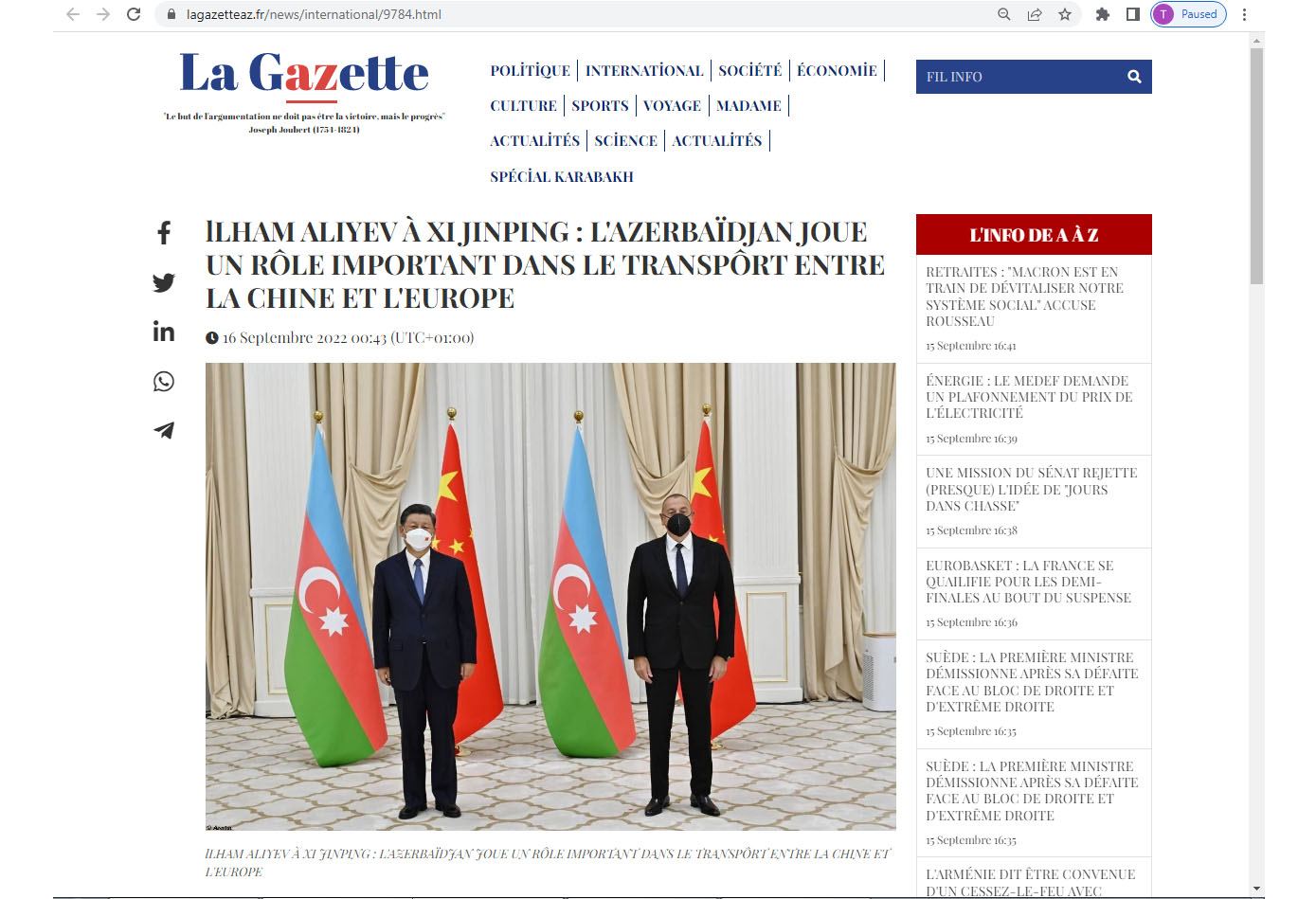 French media publishes article about strategic partnership between Azerbaijan and China