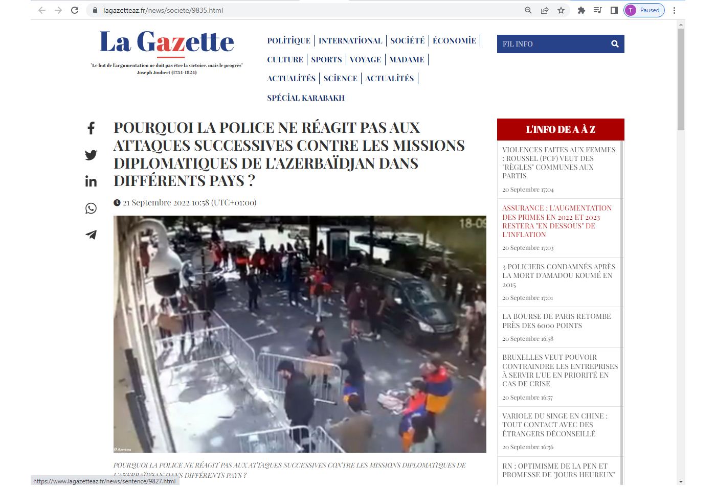 Во французской прессе опубликована статья об атаках радикальных армян на посольства Азербайджана