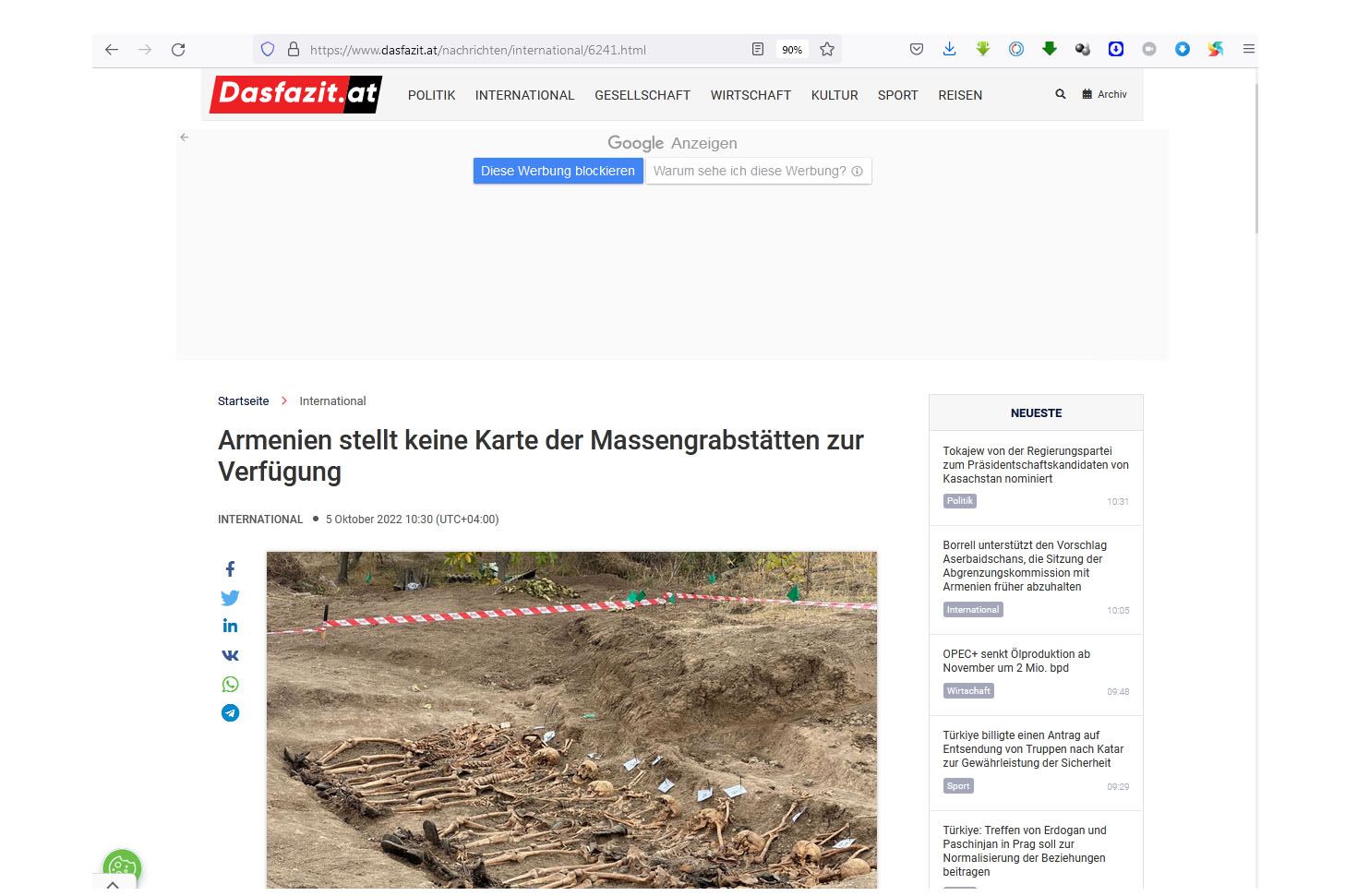 Austrian newspaper issues article on Armenian crimes - mass grave in Azerbaijan's Khojavand
