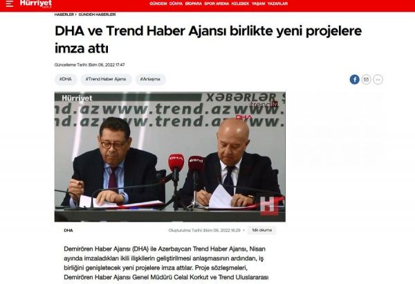 Turkish Hurriyet Daily News reports on joint projects between Trend, DHA news agencies