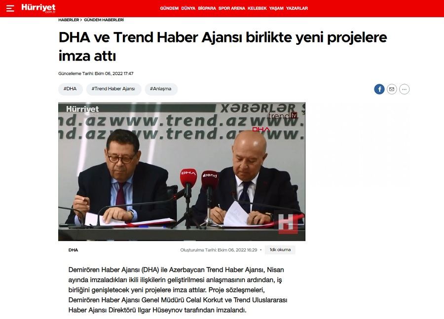 Турецкая газета Hürriyet о новых совместных проектах DHA и АМИ Trend
