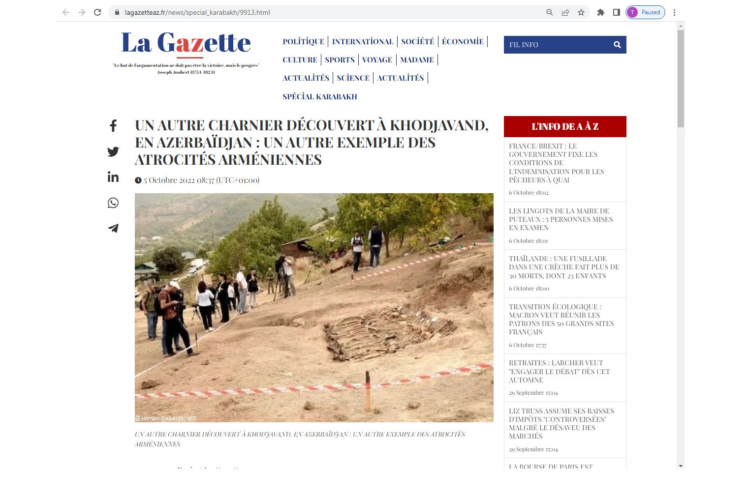 Во французской прессе опубликована статья о непредоставлении Арменией Азербайджану карты мест массовых захоронений