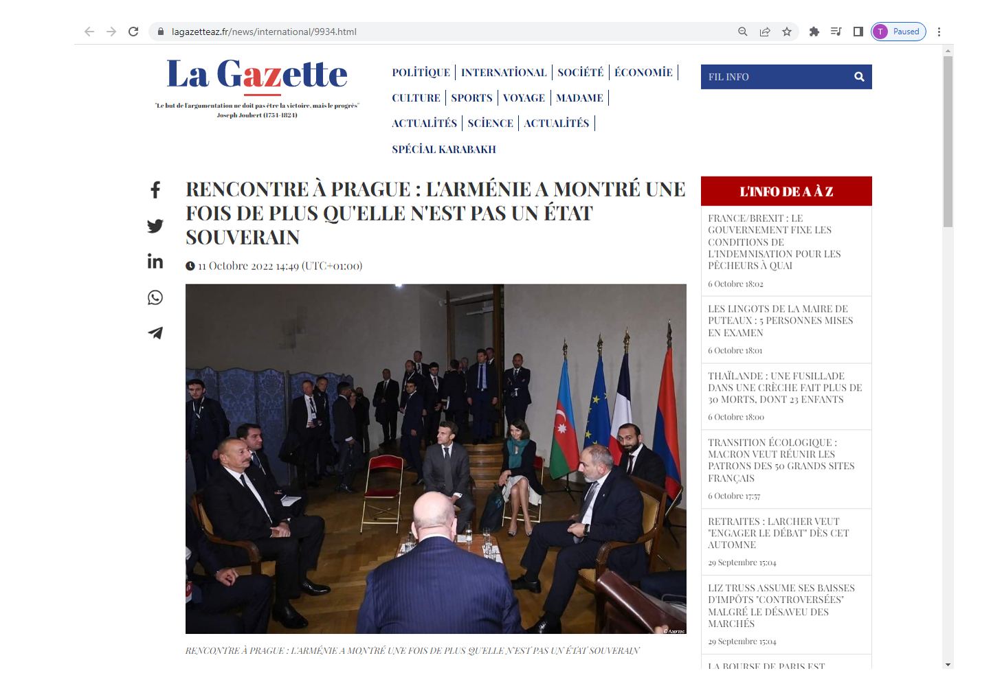 French media publishes article about Azerbaijan's firm position during meeting in Prague