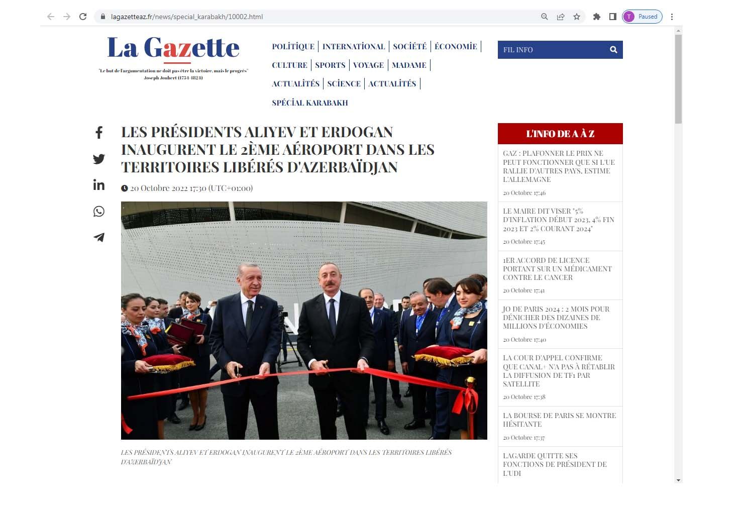Fransa portalında Zəngilan Beynəlxalq Hava Limanının açılışı barədə məqalə dərc olunub