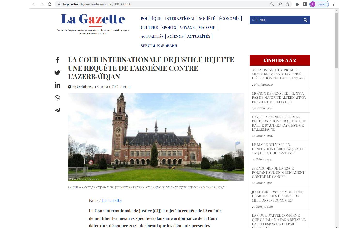 Во французской прессе опубликована статья об отказе Международного суда по иску Армении против Азербайджана