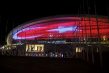 Baku Water Sports Palace illuminated with Turkish flag (PHOTO)