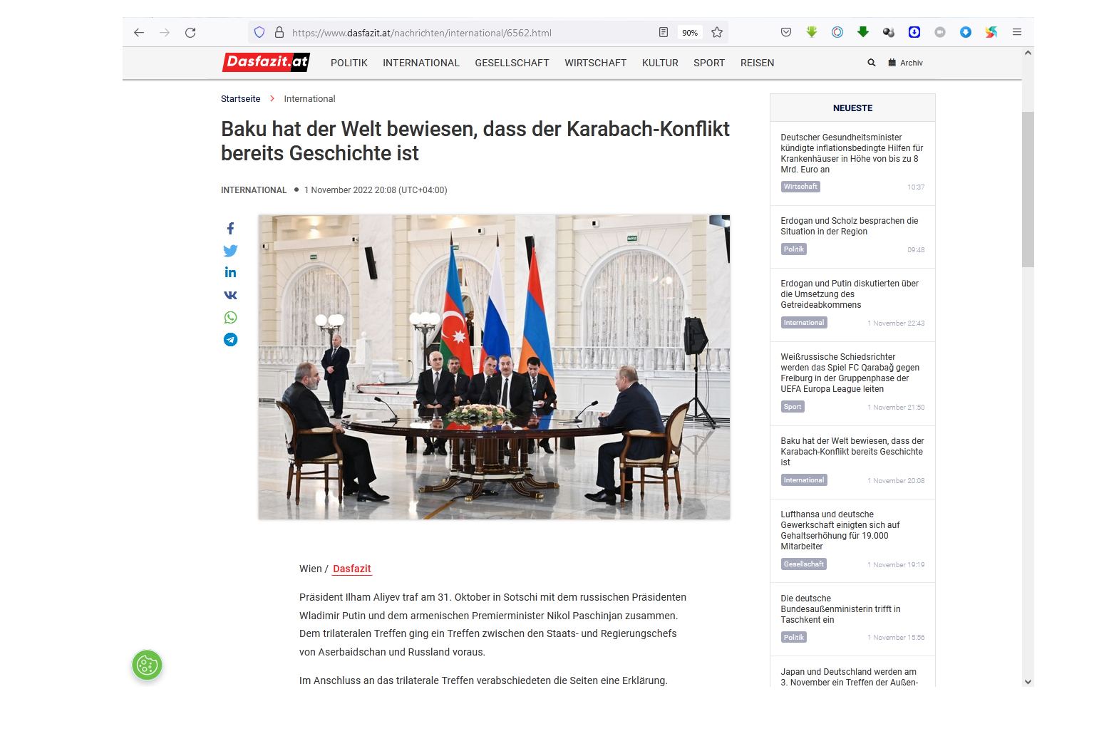 Austrian media publishes article titled "Baku has proved to world, that Karabakh conflict is already history"