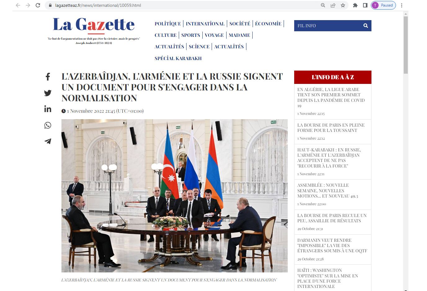 Во французской прессе опубликована статья о трехсторонней встрече лидеров Азербайджана, России и Армении в Сочи