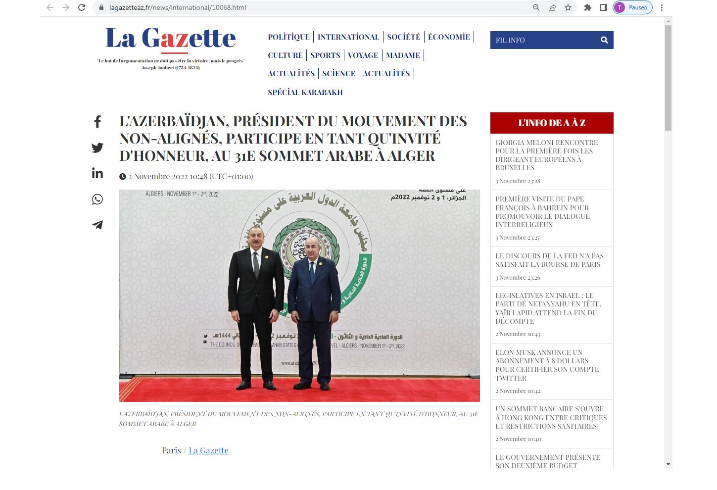 Во французской прессе опубликована статья об участии Президента Азербайджана в статусе почетного гостя в открытии Саммита Лиги арабских государств