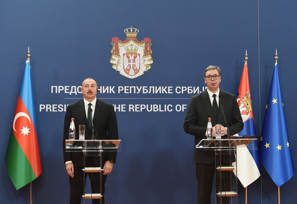 Президент Ильхам Алиев и Президент Александр Вучич выступили с заявлениями для печати (ФОТО/ВИДЕО)