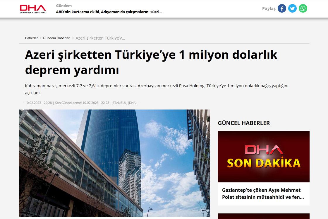 PASHA Holding's assistance to fraternal Türkiye in spotlight of leading Turkish media