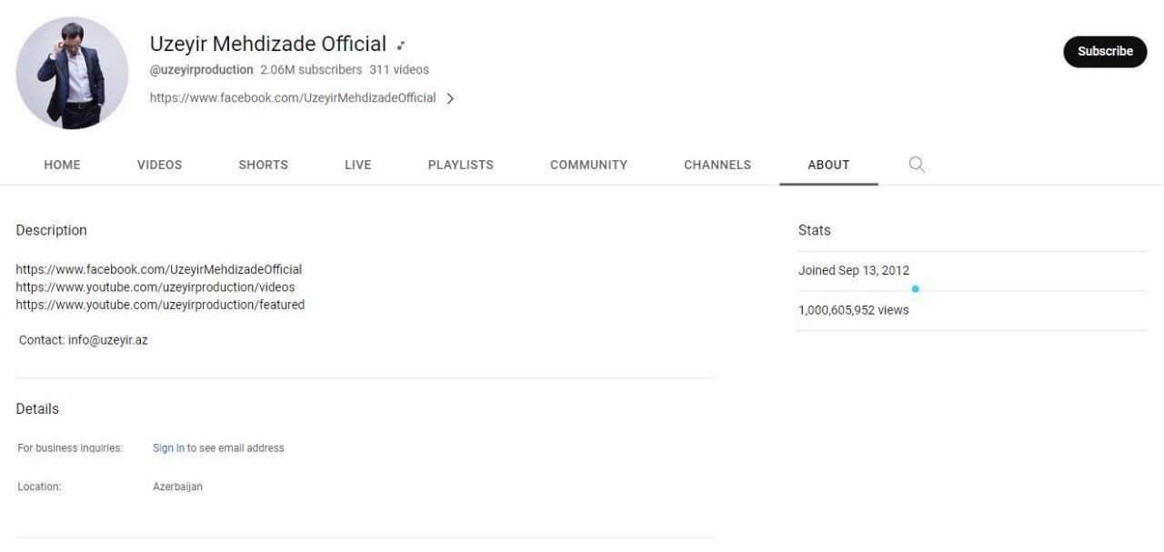 Канал азербайджанского певца на YouTube превысил отметку в 1 млрд просмотров (ФОТО)