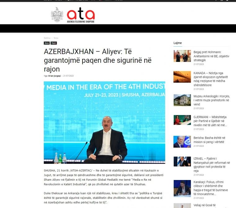 Выступление Президента Ильхама Алиева на Шушинском глобальном медиафоруме в центре внимания мировых СМИ (ФОТО)