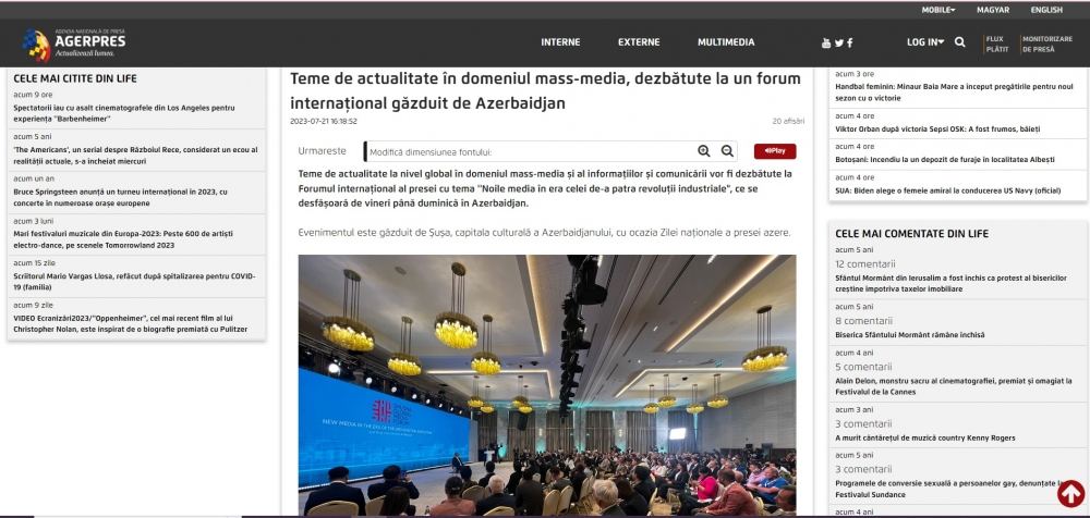 Şuşada keçirilən Qlobal Media Forumu Rumıniya mətbuatının diqqət mərkəzində (FOTO)